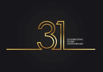 31 Years Anniversary logotype with golden colored font numbers made of one connected line, isolated on black background for company celebration event, birthday - obrazy, fototapety, plakaty