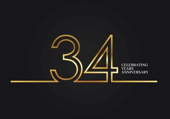 34 Years Anniversary logotype with golden colored font numbers made of one connected line, isolated on black background for company celebration event, birthday