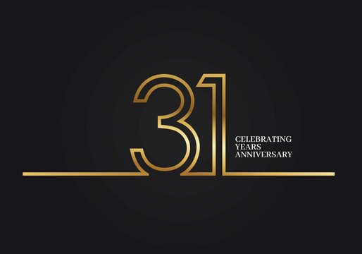 31 Years Anniversary logotype with golden colored font numbers made of one connected line, isolated on black background for company celebration event, birthday