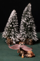 A toy dog with a human mustache drawn on paper, with snowy trees in the background