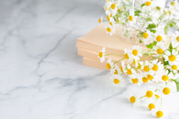 読書イメージ　重ねた本の上に白い花束