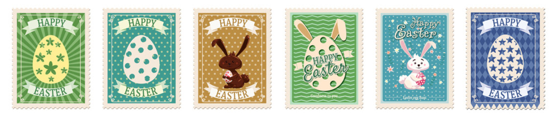 Collection of Easter postal stamps, bunnies, eggs, retro graphic. Vintage vector