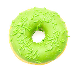 fried donut with green icing on a white plate