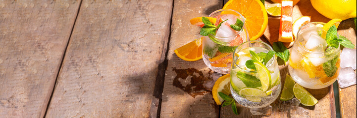 Summer healthy cocktails, mocktails. Set of various citrus lemonades mojito, with lime, lemon, orange, grapefruit, diet detox beverages