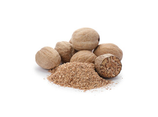 Nutmeg powder and seeds on white background