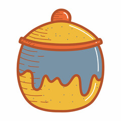 Ceramic pot with a lid or sugar bowl, earthenware dish, handmade clay dishes. Hand drawn vector illustration. Isolated element on a white background.