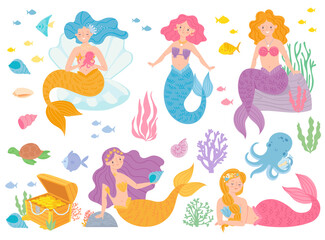 Fototapeta premium Cute mermaids. Beautiful girls living underwater with fish, turtle, corals and octopus. Mythical creatures