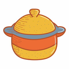 Ceramic saucepan. A pot with a lid or a sugar bowl, a faience dish, handmade clay dishes. Hand drawn vector illustration. Isolated element on a white background