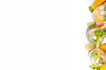 Summer healthy cocktails, mocktails. Set of various citrus lemonades mojito, with lime, lemon, orange, grapefruit, diet detox beverages