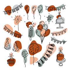 Set of isolated elements for a birthday party. Hand drawn vector illustration in doodle style. Black lines and abstract spots on a transparent background.