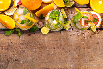 Summer healthy cocktails, mocktails. Set of various citrus lemonades mojito, with lime, lemon, orange, grapefruit, diet detox beverages