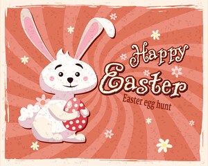 Happy Easter banner retro. Greeting card with rabbit, bunny, egg. Vector illustration vintage