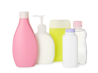 Set of baby cosmetic products on white background