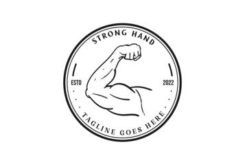 Obraz premium Vintage Strong Muscular Hand Badge Emblem Label Stamp for Fitness Gym Sport Club Logo Design Vector