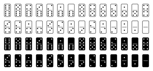 Domino set for game. White and black stone pieces icons with numbers on board isolated, illustration. Wooden card pieces, bricks for tournament. Flat bone dominoes blocks for play. Vector EPS10