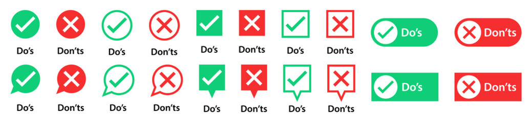 Do, dos, don, dont icons. Wrong cross and right tick, check icons. Yes, good, correct and bad, false marks of etiquette. List of quiz with false and true. Vector EPS10 © grate_art