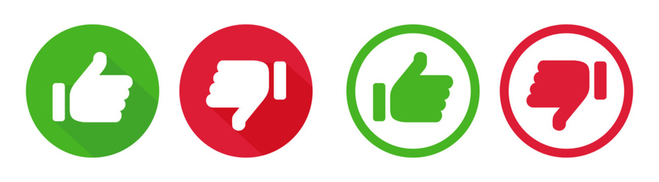 Like and dislike icons. Thumbs up and down with hand. Ok, good, yes buttons and symbols. Signs of green positive finger and red bad negative for web, social media in circle. Vote illustration. Vector.