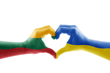 Two hands in the form of heart with Lithuanian and Ukrainian flag isolated on white background