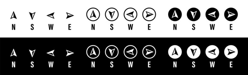 West, north, south, east arrow icons for compass, map, directions, winds. Signs and symbols of adventure in point. Graphic simple navigation, gps concept illustration. Longitude and latitude. Vector