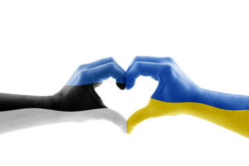 Two hands in the form of heart with Estonian and Ukrainian flag isolated on white background