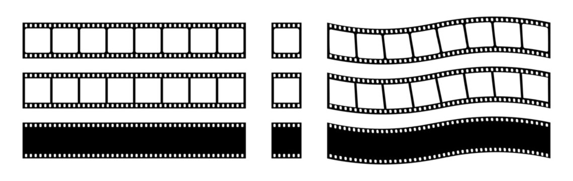Film tape strips for movie, cinema reel. Filmstrip with frames, photo and videos for camera. Old white and black film tapes of 35mm. Roll with border for photography, isolated on background. Vector