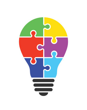 Puzzle light bulb icon. Lightbulb, lamp with jigsaw inside, logo idea, business concept of innovation. Creative flat design solution with puzzle pieces. Brain's education, strategy. Vector EPS10