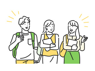 友達同士でお喋りをする男女の大学生のイメージイラスト素材