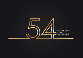 54 Years Anniversary logotype with golden colored font numbers made of one connected line, isolated on black background for company celebration event, birthday - obrazy, fototapety, plakaty