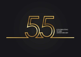 55 Years Anniversary logotype with golden colored font numbers made of one connected line, isolated on black background for company celebration event, birthday