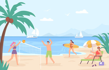 People at beach. Cartoon sea landscape with characters on vacation. People playing volleyball, relaxing