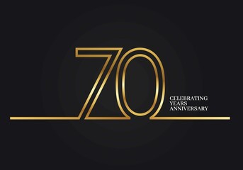 70 Years Anniversary logotype with golden colored font numbers made of one connected line, isolated on black background for company celebration event, birthday