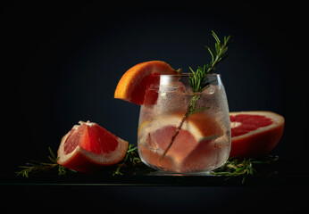 Cocktail gin tonic with ice, grapefruit, and rosemary.