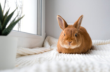 Fototapeta na wymiar Cute brown little bunny rabbit lying on plaid on windowsill indoors near window. Adorable little pet at home