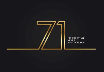 71 Years Anniversary logotype with golden colored font numbers made of one connected line, isolated on black background for company celebration event, birthday