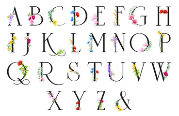 Floral alphabet font uppercase letters with flowers. Vector monogram initials for wedding invitation, greeting card, logo, book design, brand name © IKI