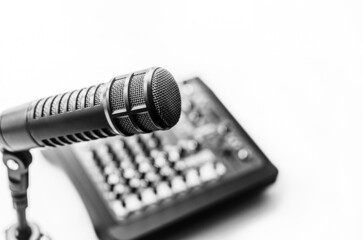 Fototapeta na wymiar Professional microphone and sound mixer in Radio studio