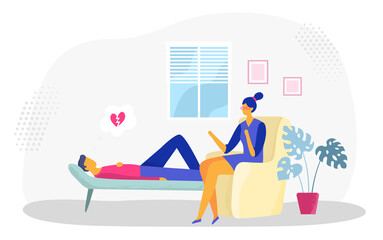 Psychotherapy session. Man lying on sofa in depression with broken heart. Female psychologist providing support