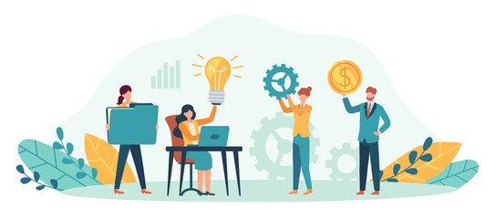 Fototapeta premium Successful teamwork. Employees collaborating in workspace. Woman sitting at desk with laptop and generating ideas