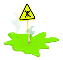 Triangular chemical hazard sign in puddle of toxic waste. Problem of storage and disposal of hazardous substances. Cartoon vector isolated on white background