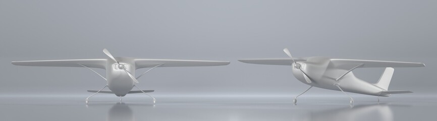 Small airplane front and angle view. Realistic mockup single engine propelled aircraft, private jet, civil aviation. Turboprop plane with white vanes isolated on grey background 3d render illustration