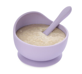 Healthy baby food in bowl on white background