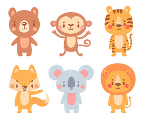 Cute cartoon animals. Wild adorable characters with smiling faces. Cartoon cute bear, monkey, tiger, fox, koala and lion