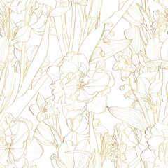 Cotton fabric Golden seamless floral pattern background. Tulips flower. Hand drawn illustration and sketch Tulips flower. Golden with line art illustration.