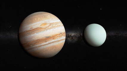 realistic 3d illustration of Jupiter and Uranus planet size comparison. 8k resolution space renderings