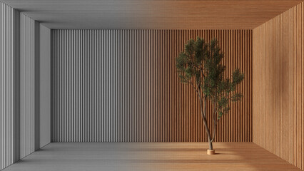Architect interior designer concept: hand-drawn draft unfinished project that becomes real, empty room, garden, wooden walls and parquet with birch tree, minimalist architecture, zen - obrazy, fototapety, plakaty