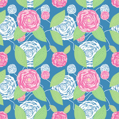Pink and white flowers with green leaves on a blue background. Floral seamless pattern.