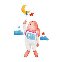 watercolor astronaut rabbit funny cartoon set illustration vector