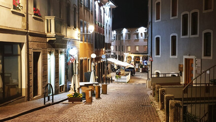 Fototapeta na wymiar Panorama of the night city of Fiera di Primiero in Italy.