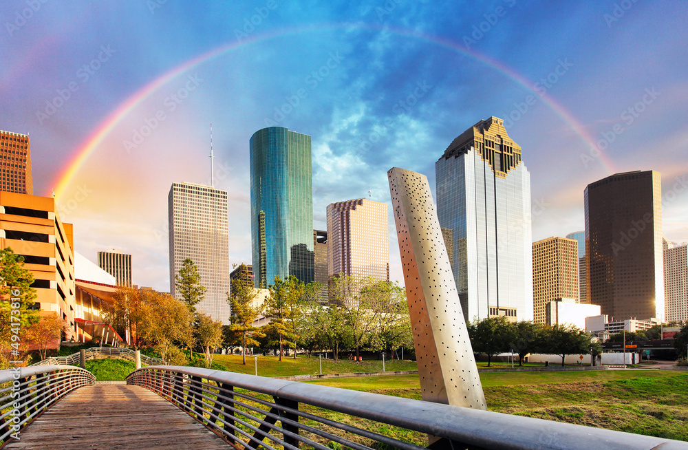 Wall mural Skyline of Houston with rainbow in Texas, USA, downtown with skyscrapers