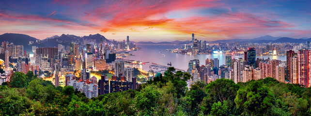 Hong Kong - Victoria harbour at sunset, panorama